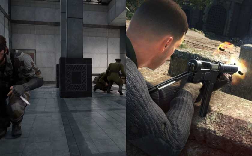Snake crouch walking in Metal Gear Solid Delta Snake Eater and Karl Fairburne shooting in Sniper Elite 5